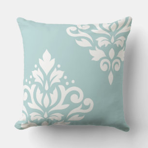 Scroll Damask Art I White on Duck Egg Blue (B) Kissen