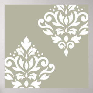 Scroll Damask Art I White on Green Poster