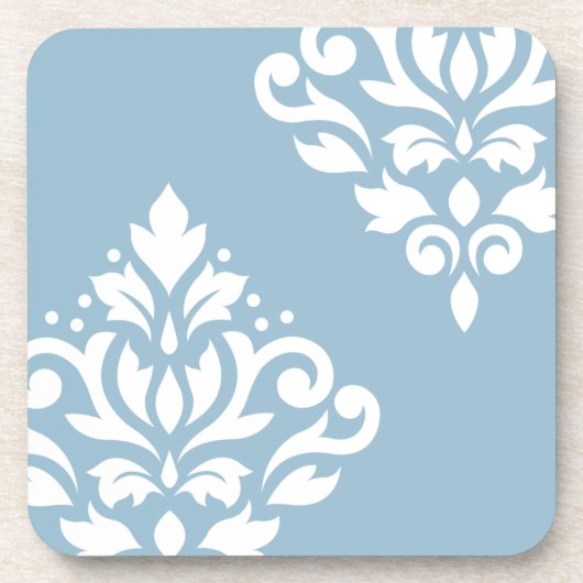 Scroll Damask Art I White on Light Blue Getränkeuntersetzer (Vorderseite)