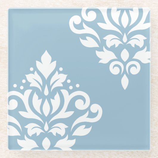 Scroll Damask Art I White on Light Blue Glasuntersetzer (Vorderseite)