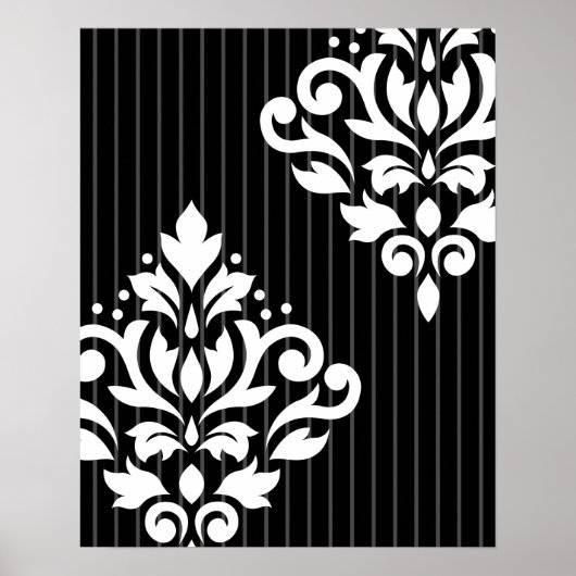 Scroll Damask Art I White über graue Streifen und Poster (Vorne)