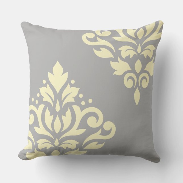 Scroll Damask Art I Yellow on Grau Kissen (Vorderseite)
