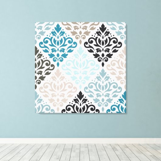 Scroll Damask Big Pattern Teals Browns White Leinwanddruck (Insitu (Holzboden))