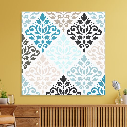 Scroll Damask Big Pattern Teals Browns White Leinwanddruck (Insitu (Wohnzimmer))