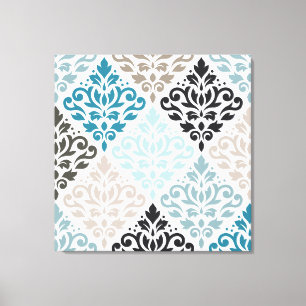 Scroll Damask Big Pattern Teals Browns White Leinwanddruck