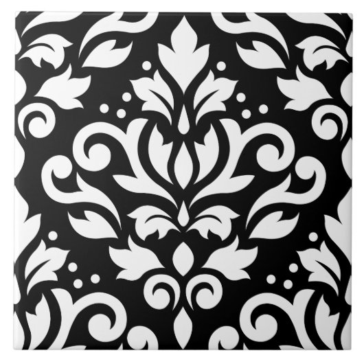 Scroll-Damask großes Design weiß auf schwarz Fliese (Vorderseite)