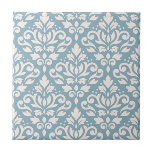 Scroll-Damask großes Muster Creme auf Blau Fliese (Vorderseite)