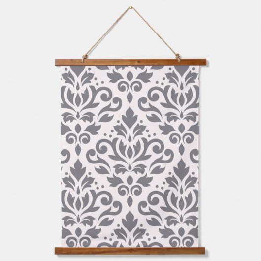 Scroll Damask Grosses Muster Grau auf Creme Wandteppich Mit Holzrahmen (Vorderseite)