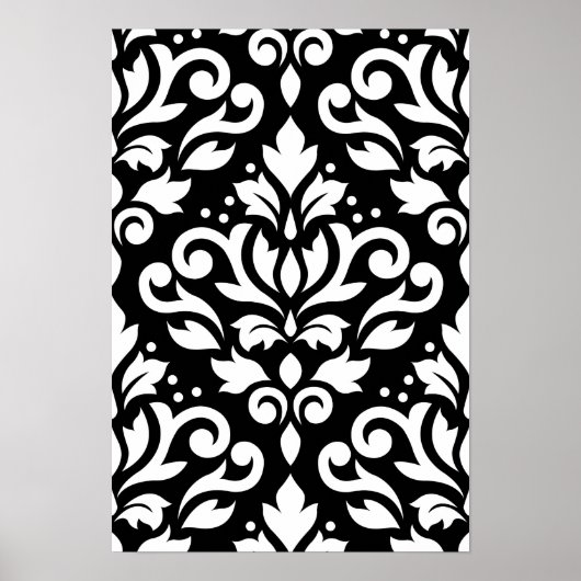 Scroll Damask Grosses Muster Weiß auf Schwarz Poster (Vorne)