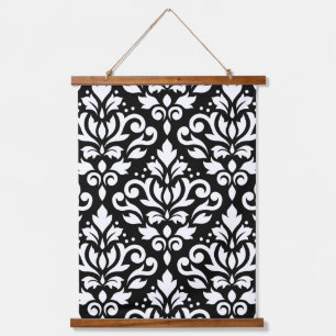 Scroll Damask Grosses Muster Weiß auf Schwarz Wandteppich Mit Holzrahmen