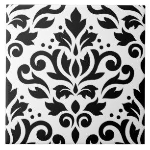 Scroll-Damask Großmuster Schwarz auf Weiß Fliese