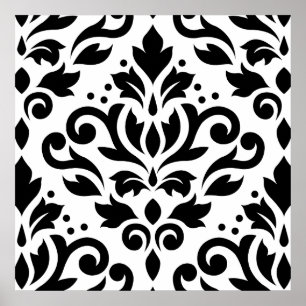 Scroll-Damask Großmuster Schwarz auf Weiß Poster