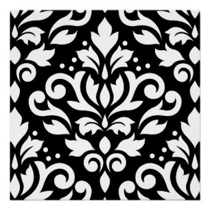 Scroll-Damask Großmuster Weiß auf Schwarz Poster