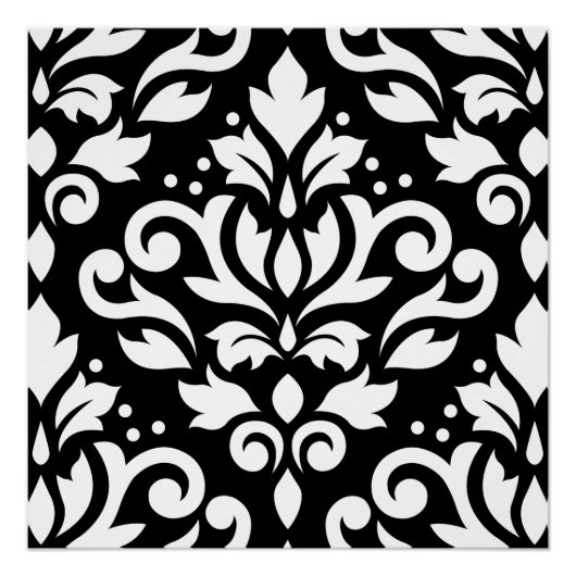 Scroll-Damask Großmuster Weiß auf Schwarz Poster (Vorderseite)