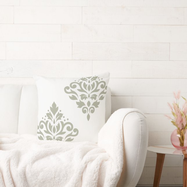 Scroll-Damask-Kunst I Grün auf Weiß Kissen (Liege)