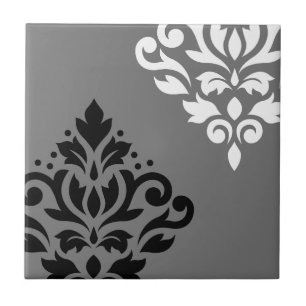 Scroll-Damask-Kunst I Schwarz & Weiß auf Grau Fliese