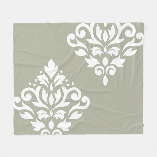 Scroll-Damask-Kunst I Weiß auf Grün Fleecedecke (Vorderseite (Horizontal))
