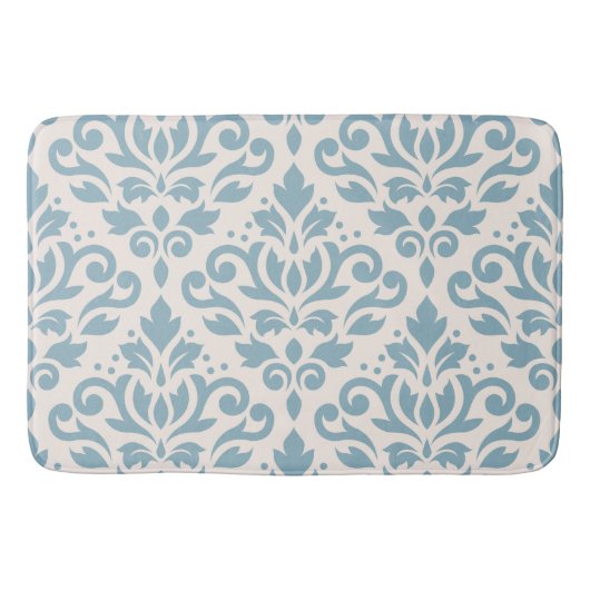 Scroll Damask Large Pattern Blue auf Creme Badematte (Vorderseite)