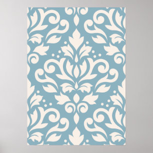 Scroll Damask Large Pattern Creme on Blue Poster