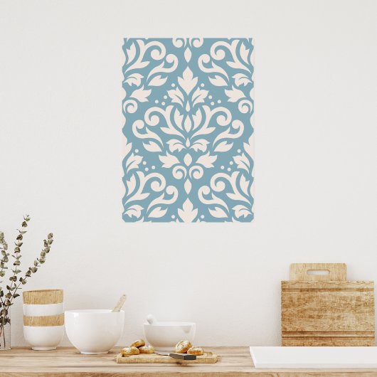 Scroll Damask Large Pattern Creme on Blue Poster (Küche)