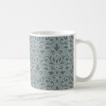 Scroll Damask Lg Muster (Kontur) Creme Blau Aquama