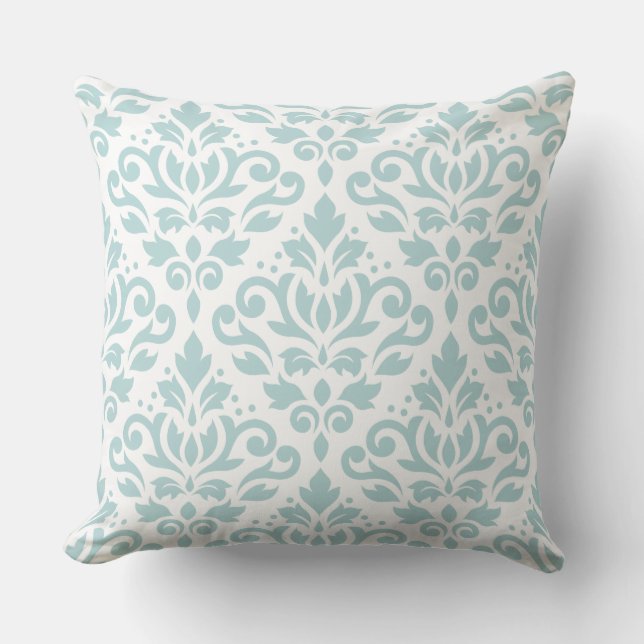 Scroll Damask Lg Ptn Duck Egg Blue (B) auf Weiß Kissen (Vorderseite)