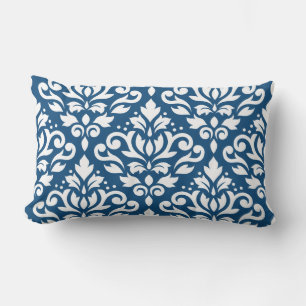 Scroll Damask Lg Ptn White auf Dk Blue Lendenkissen
