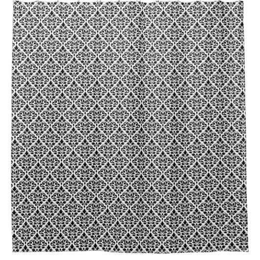 Scroll Damask Mini Muster Schwarz auf Weiß Duschvorhang (Vorderseite)