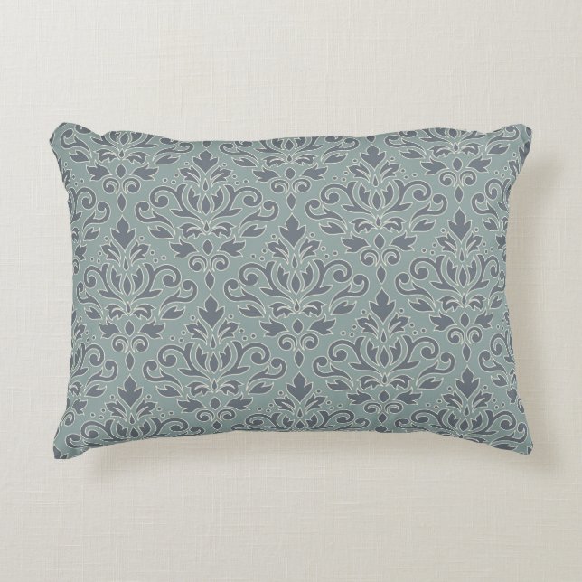 Scroll Damask Muster (Kontur) Creme Blau Aquamarin Dekokissen (Vorderseite)
