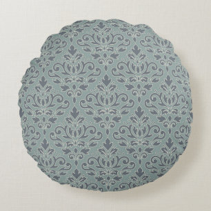 Scroll Damask Muster (Kontur) Creme Blues Aquamari Rundes Kissen