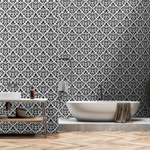 Scroll Damask Muster Schwarz auf Weiß Tapete
