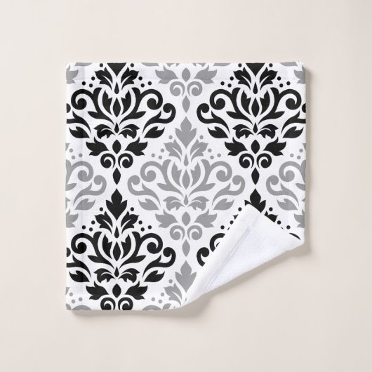 Scroll Damask Muster Schwarz Grau Weiß Badhandtuch Set (Waschlappen)