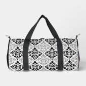 Scroll Damask Muster Schwarz Grau Weiß Duffle Bag (Vorderseite)