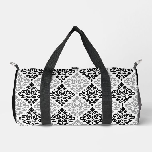 Scroll Damask Muster Schwarz Grau Weiß Duffle Bag (Vorderseite)