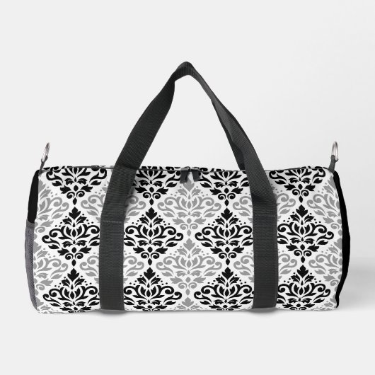 Scroll Damask Muster Schwarz Grau Weiß Duffle Bag (Rückseite)