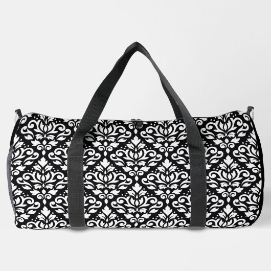 Scroll Damask Muster Weiß auf Schwarz Duffle Bag (Rückseite)