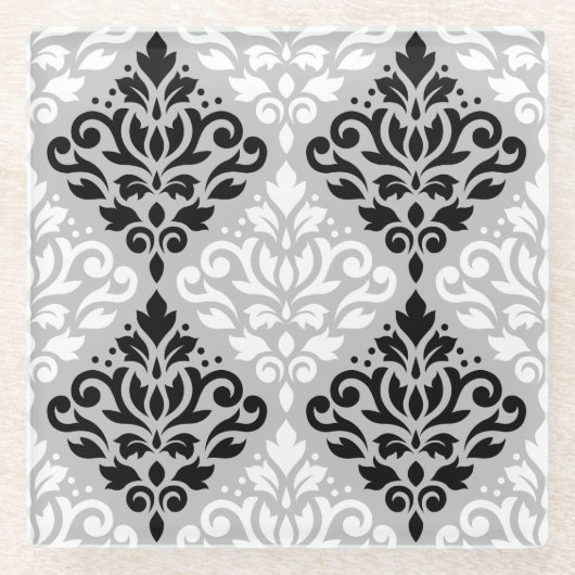 Scroll Damask Ptn B&W auf Grau Glasuntersetzer (Vorderseite)