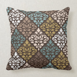 Scroll Damask Rpt Ptn Teals Browns Gold Crm White Kissen