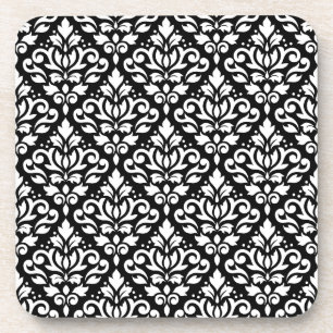 Scroll-Damask-Wiederholungsmuster Weiß auf Schwarz Untersetzer