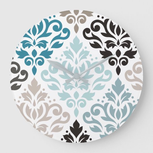 Scroll Damask XLg Muster Teals Browns White Große Wanduhr (Vorderseite)