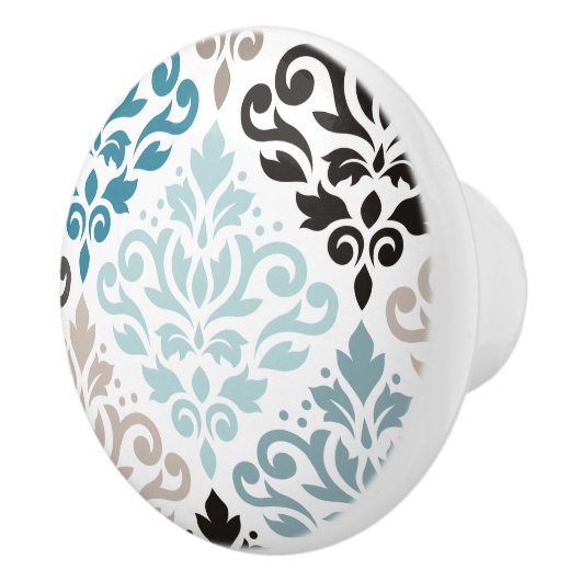Scroll Damask XLg Muster Teals Browns White Keramikknauf (Rechts)