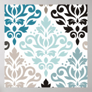 Scroll Damask XLg Muster Teals Browns White Poster