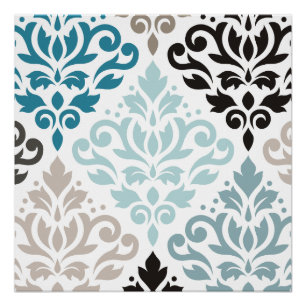 Scroll Damask XLg Muster Teals Browns White Poster