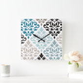 Scroll Damask XLg Muster Teals Browns White Quadratische Wanduhr (Zuhause)