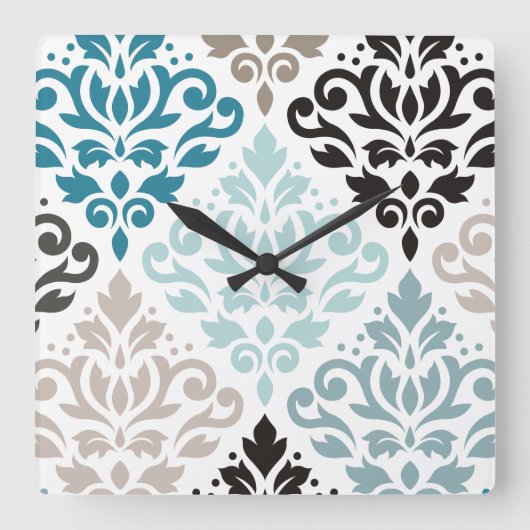 Scroll Damask XLg Muster Teals Browns White Quadratische Wanduhr (Vorderseite)
