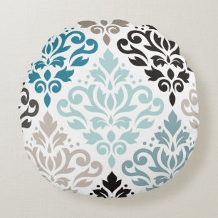 Scroll Damask XLg Muster Teals Browns White Rundes Kissen
