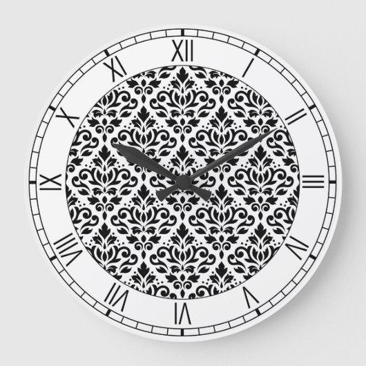 Scroll-Damaskenmuster SW & Ziffern Große Wanduhr (Vorderseite)