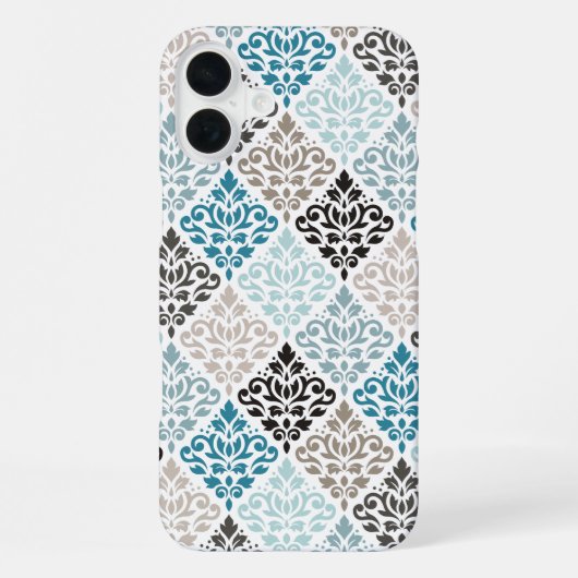 Scroll-Damaskenmuster Teals Braun Weiß iPhone Hülle (Rückseite)