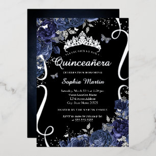 Scroll Floral Butterfly Black Navy Quinceanera Folieneinladung