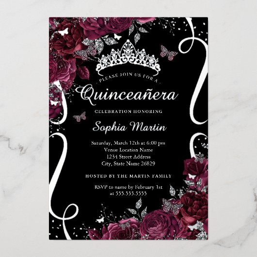 Scroll Floral Elegante Burgundy Quinceanera Folieneinladung (Vorderseite)